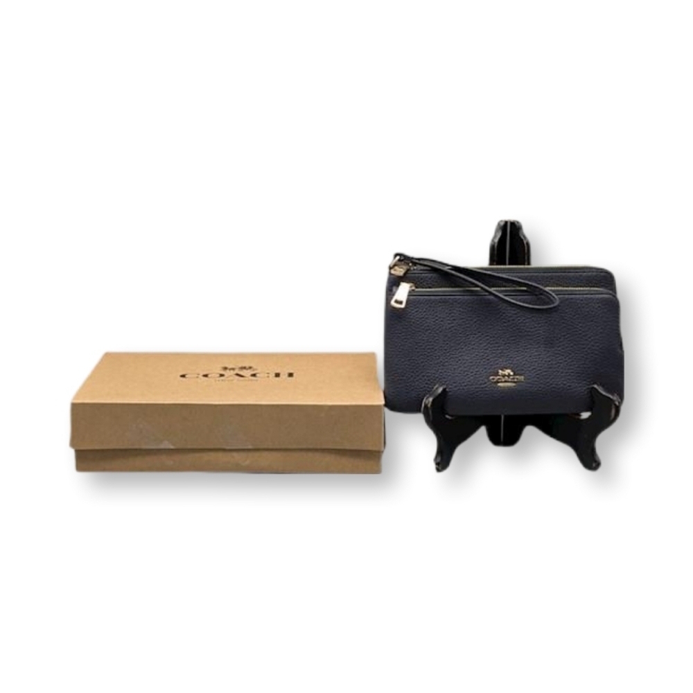 Coach Navy Wristlet with Gold Accents Double Zip Wallet - Picture 4 of 11